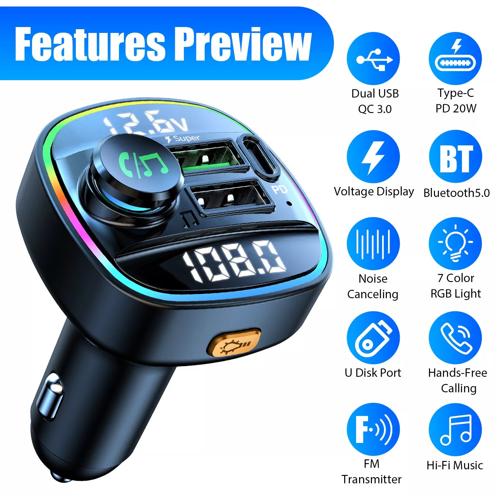 Bluetooth 5.0 Car Wireless FM Transmitter Adapter